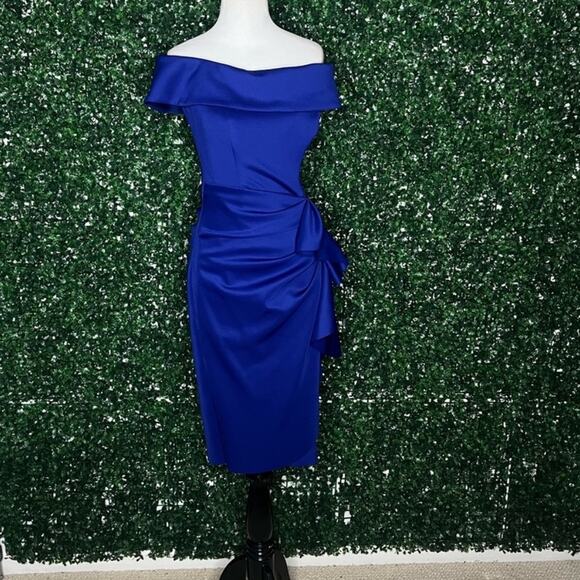 NWOT XSCAPE "Vanessa" OTS Scuba Crepe Side Ruched Dress - Sz 4 - Picture 5 of 11